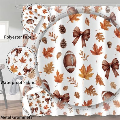 Fall Shower Curtain, Autumn American Football Maple Leaf Bathroom Curtain Set, Fall Thanksgiving Harvest Bath Curtain Decor Waterproof Fabric 72X72in