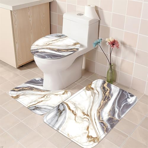 Nkzply 4 Pcs White Marble Shower Curtain Set Grey Bathroom Sets with Rugs