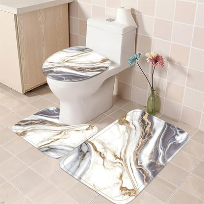 Nkzply 4 Pcs White Marble Shower Curtain Set Grey Bathroom Sets with Rugs