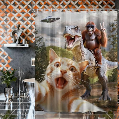 Small Stall Shower Curtain Rv Cat Riding Dinosaur, 48 x 72 Inchs