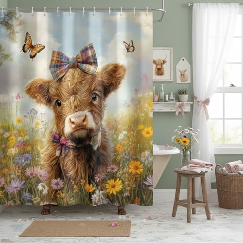 Cow Shower Curtain, Farmhouse Rustic Floral Funny Cute Highland Cow Shower Curtains, Western Cattle Bull Animal Wildflower Country Farm Animal Bathroom Decor, Surreal Bathroom Curtain, 47x64 inch