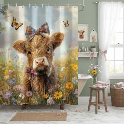 Cow Shower Curtain, Farmhouse Rustic Floral Funny Cute Highland Cow Shower Curtains, Western Cattle Bull Animal Wildflower Country Farm Animal Bathroom Decor, Surreal Bathroom Curtain, 70x75 inch