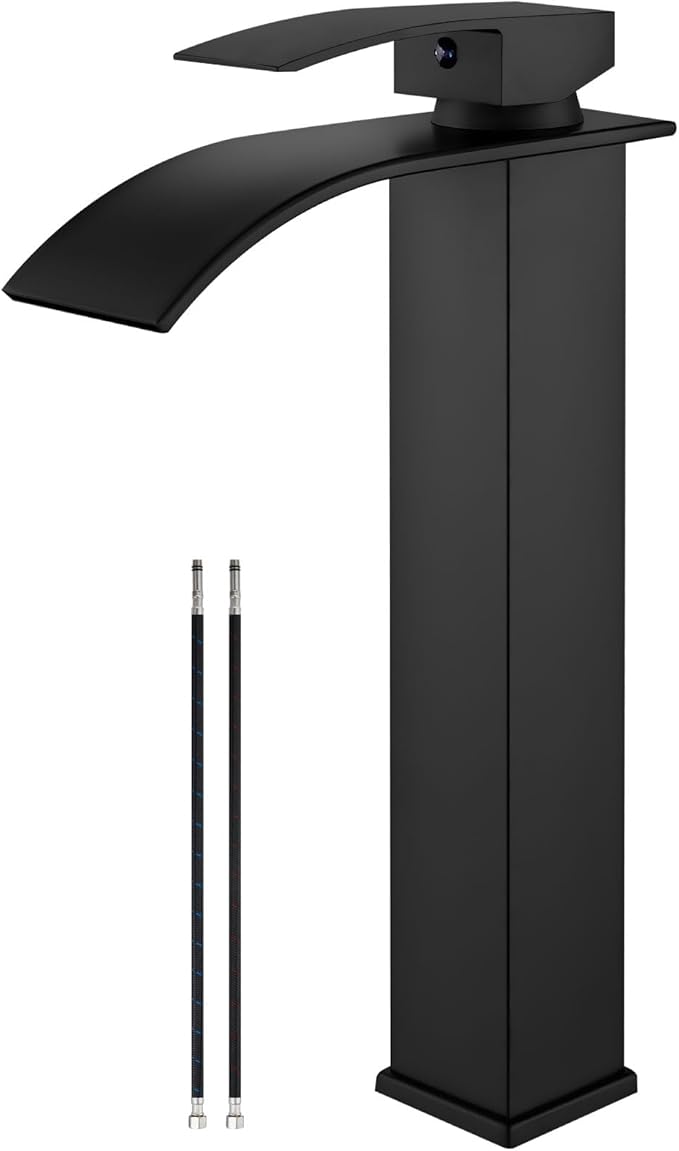 Airuida Vessel Sink Faucet Matte Black, Tall Waterfall Bathroom Faucet, Single Handle One Hole Mixer Bowl Tap with Large Rectangular Spout, Bar Sink Faucet Lavatory Vanity