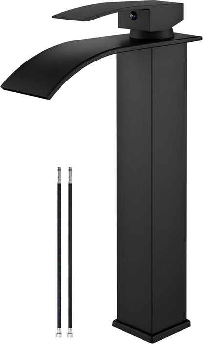 Airuida Vessel Sink Faucet Matte Black, Tall Waterfall Bathroom Faucet, Single Handle One Hole Mixer Bowl Tap with Large Rectangular Spout, Bar Sink Faucet Lavatory Vanity