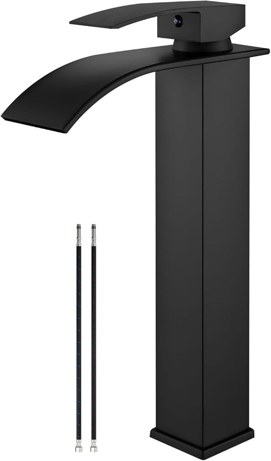 Airuida Vessel Sink Faucet Matte Black, Tall Waterfall Bathroom Faucet, Single Handle One Hole Mixer Bowl Tap with Large Rectangular Spout, Bar Sink Faucet Lavatory Vanity