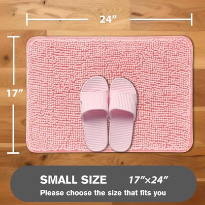 Pink Bathroom Rugs – Absorbent and Washable Bath Mat, Non-Slip, Thick Soft Chenille Bath Rugs for Bathroom Floor, Shower, Sink - 17" x 24"