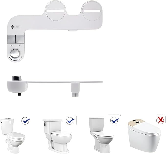Bidet Attachment for Toilet, Non-Electric Cold Water Bidet with Dual Nozzles (Rear & Feminine Wash), Self-Cleaning Nozzle Rinse, Adjustable Water Pressure Control, Easy Install Kit, Fits Most Toilets