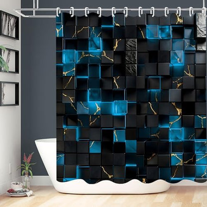 LQCOOL 4Pcs Black and Blue Shower Curtain Set 3D Cubes Bathroom Sets Modern Shower Curtain Set for Bathroom Sets with Rugs and 12 Hooks