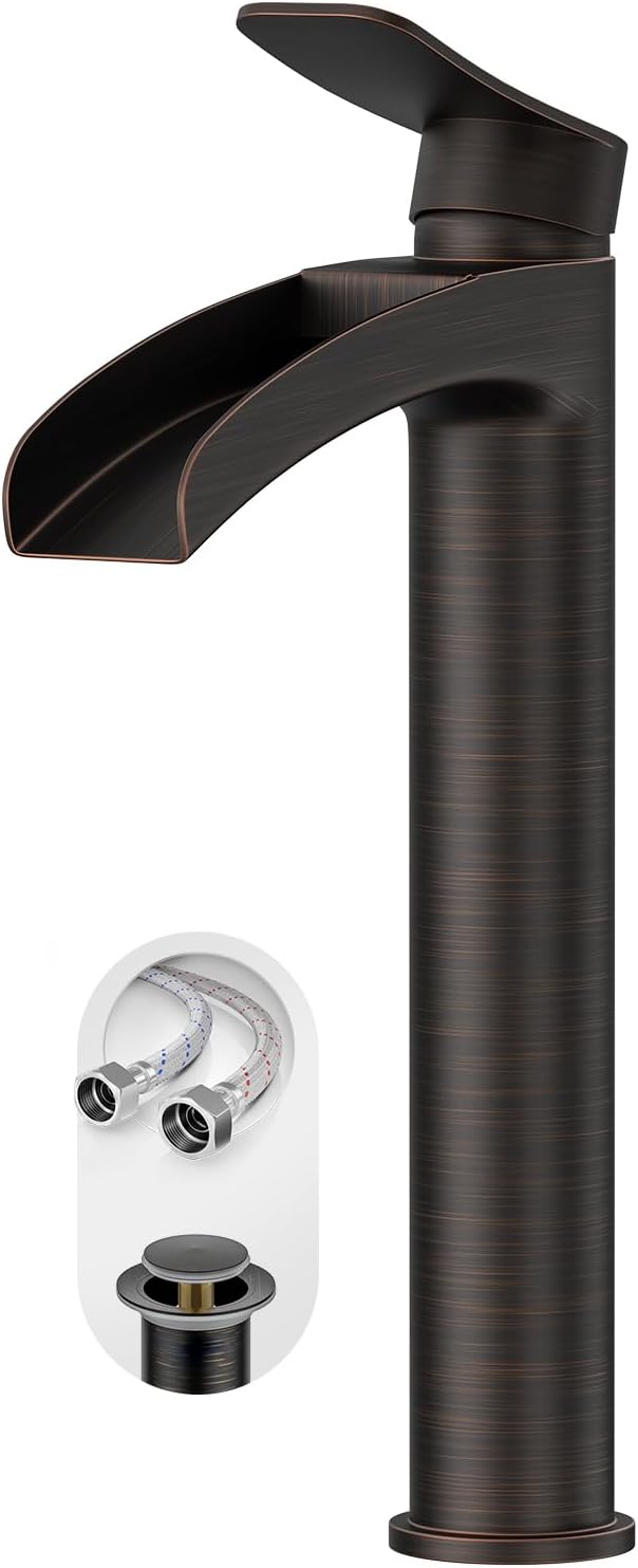 Phiestina Tall Bathroom Vessel Sink Faucet, Single Hole Single Handle Waterfall Oil Rubbed Bronze Above Countertop Sink Bathroom Faucet, with Metal Pop Up Drain and Water Supply Lines, NS-SF01-ORB-V