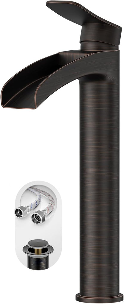 Phiestina Tall Bathroom Vessel Sink Faucet, Single Hole Single Handle Waterfall Oil Rubbed Bronze Above Countertop Sink Bathroom Faucet, with Metal Pop Up Drain and Water Supply Lines, NS-SF01-ORB-V