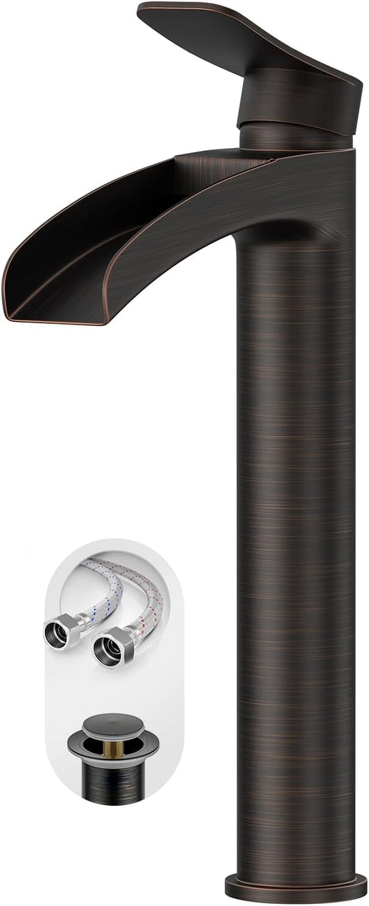 Phiestina Tall Bathroom Vessel Sink Faucet, Single Hole Single Handle Waterfall Oil Rubbed Bronze Above Countertop Sink Bathroom Faucet, with Metal Pop Up Drain and Water Supply Lines, NS-SF01-ORB-V