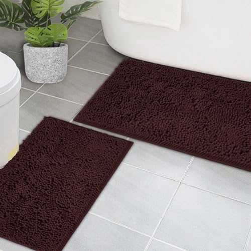 Bathroom Rugs Chenille Bath mat 2 Piece Set, Super Absorbent, PVC Non Slip Backing, Bath mats for Bathroom, Plush Shaggy, Thick, Machine Washable, Bathtub, Shower, Toilet.(Coffee)