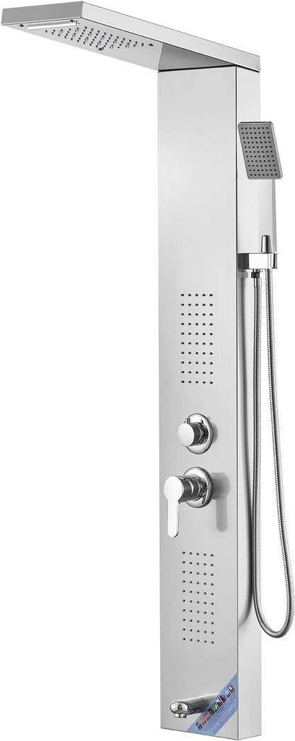 VEVOR Shower Panel System, 5 Shower Modes, LED Shower Panel Tower, Rainfall, Waterfall, 2 Body Massage Jets, Tub Spout, Handheld Shower Head with 59" Hose, Stainless Steel Wall-Mounted Shower Set