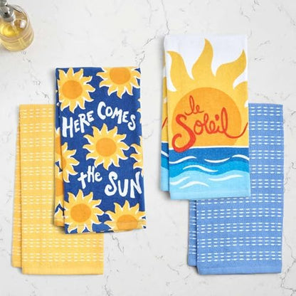 Ritz 4-Piece Kitchen Towel Set, Here Comes the Sun & Le Soleil Sunset Prints with Yellow & Navy Blue Textured Terry, 100% Cotton & Absorbent Blend, 16" x 26", Coastal Summer Kitchen Decor