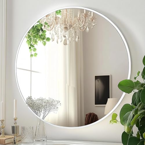 White Round Mirror 28 inch, Circle Mirror, Matte White Metal Frame