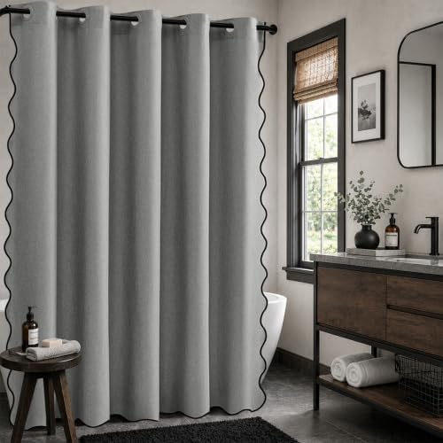 Furlinic No Hook Shower Curtain Scalloped Grey Extra Wide Waterproof 78x75
