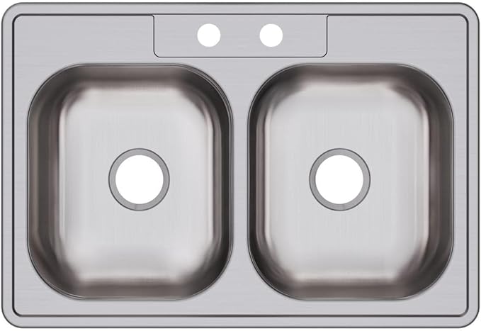 Dayton Stainless Steel 33" x 22" x 6-9/16", 2-Hole Equal Double Bowl Drop-in Sink