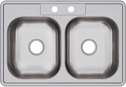 Dayton Stainless Steel 33" x 22" x 6-9/16", 2-Hole Equal Double Bowl Drop-in Sink