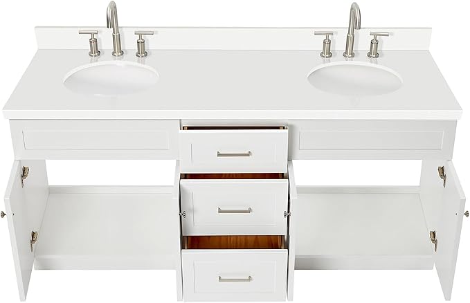 ARIEL Hamlet 72-inch Bathroom Vanity with Sink,Solid Wood, 1.5-inch Pure White Quartz Countertop & Backsplash, Double Oval Porcelain Sink, 4 Soft Closing Doors, 3 Dovetail Drawers, White