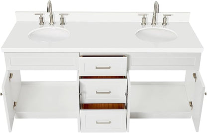 ARIEL Hamlet 72-inch Bathroom Vanity with Sink,Solid Wood, 1.5-inch Pure White Quartz Countertop & Backsplash, Double Oval Porcelain Sink, 4 Soft Closing Doors, 3 Dovetail Drawers, White