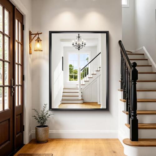 Black Rectangle Mirror, 48 x 36 Inch Large Bathroom Mirrors for Over Sink, 0.6" Thickened Deep Frame Rectangular Wall Mirror, Brushed, Tempered Glass, Antirust, Horizontally/Vertically