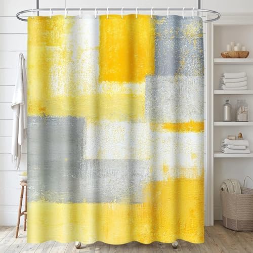 ArtSocket Bathroom Set, Shower Curtain and Bath Rugs Yellow Grey