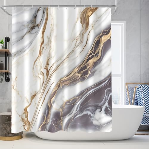 Nkzply 4 Pcs White Marble Shower Curtain Set Grey Bathroom Sets with Rugs