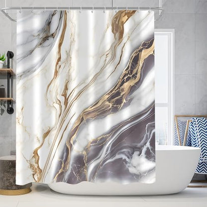 Nkzply 4 Pcs White Marble Shower Curtain Set Grey Bathroom Sets with Rugs