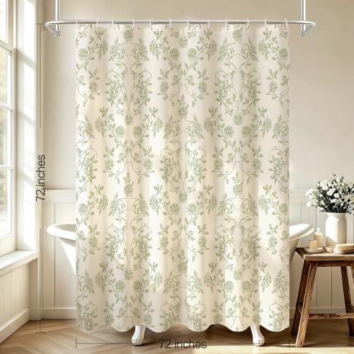 MitoVilla Sage Green Floral Shower Curtain, Farmhouse Poly-Cotton, 72x72