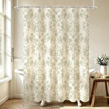 MitoVilla Sage Green Floral Shower Curtain, Farmhouse Poly-Cotton, 72x72