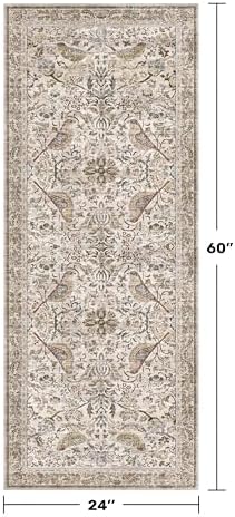 Hazo Haus Boho Moss 2x5 Laundry Room Rug - Floral & Bird Runner Rug for Kitchen Floor, Hallway, Bedroom, Entrance, Taupe Green Neutral Vintage Decor, Washable Non Slip Low Pile