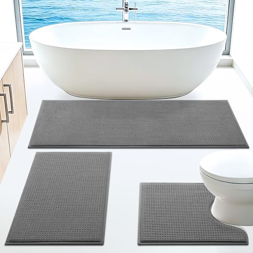 Memory Foam Bath Mat Set 3 Piece, Ultra Soft Absorbent Waffle Bathroom Rugs, Super Non-Slip PVC Backing Bath Rug Quick Dry, Machine Washable Rug for Tub, Shower, Home Decor Accessory, Dark Gray