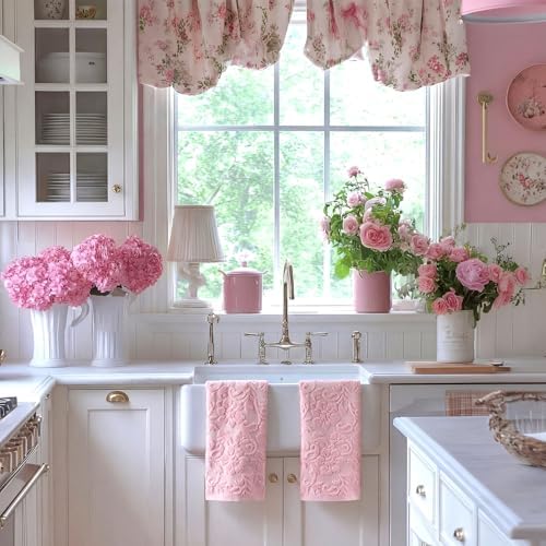 SmoothNovelty 2 Pcs Pink Floral Jacquard Hand Towels for Bathroom