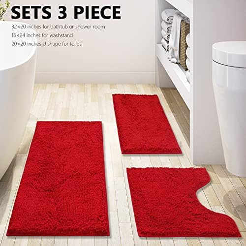 BOANKODU Bathroom Rugs Chenille 3-Piece Extra Soft and Absorbent Shag Bathroom Rugs, Machine Wash Mat, Strong PVC Non-Slip Underside, Plush Carpet Mats (Red)
