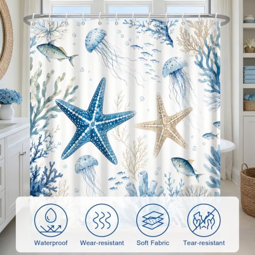 Ocean Style Navy Washable Shower Curtain with Weighted Bottom and 12 Hooks