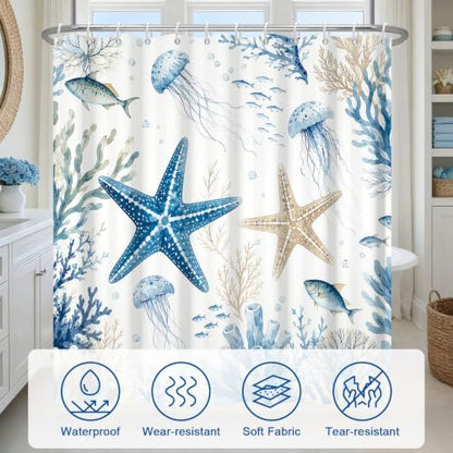 Ocean Style Navy Washable Shower Curtain with Weighted Bottom and 12 Hooks