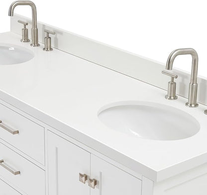 ARIEL Cambridge 66-inch Bathroom Vanity with Sink,Solid Wood, 1.5-inch Pure White Quartz Countertop & Backsplash, Double Oval Porcelain Sink, 4 Soft Closing Doors, 6 Dovetail Drawers, White