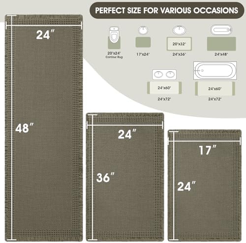 Upgraded Waffle Bath Mat Set 3 Piece Greyish Green-Bordered, Super Absorbent Non-Slip Quick Dry Bathroom Rugs with Tassels, Machine Washable Ultra Soft Boho Bath Rugs, Toilet Mats Boho Farmhouse Decor