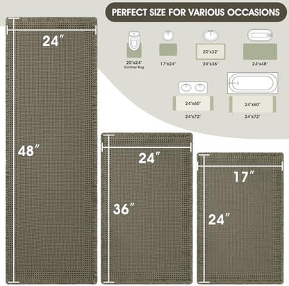 Upgraded Waffle Bath Mat Set 3 Piece Greyish Green-Bordered, Super Absorbent Non-Slip Quick Dry Bathroom Rugs with Tassels, Machine Washable Ultra Soft Boho Bath Rugs, Toilet Mats Boho Farmhouse Decor