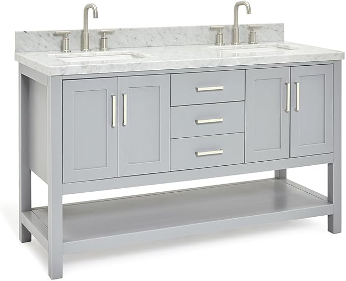 ARIEL Magnolia 60-inch Bathroom Vanity with Sink,Solid Wood, 1.5-inch Italian Carrara Marble Countertop, Double Rectangular Porcelain Sink, 4 Soft Closing Doors, 3 Dovetail Drawers, Grey