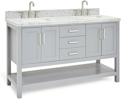 ARIEL Magnolia 60-inch Bathroom Vanity with Sink,Solid Wood, 1.5-inch Italian Carrara Marble Countertop, Double Rectangular Porcelain Sink, 4 Soft Closing Doors, 3 Dovetail Drawers, Grey