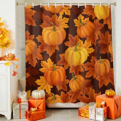 Shower Curtain Bathroom Set Thanksgiving Pumpkin Fall Orange Maple Leaf Waterproof Shower Curtains with Grommets Hooks Autumn Watercolor Leaves Privacy Bath Curtain for Bathtub Decor 60x72in