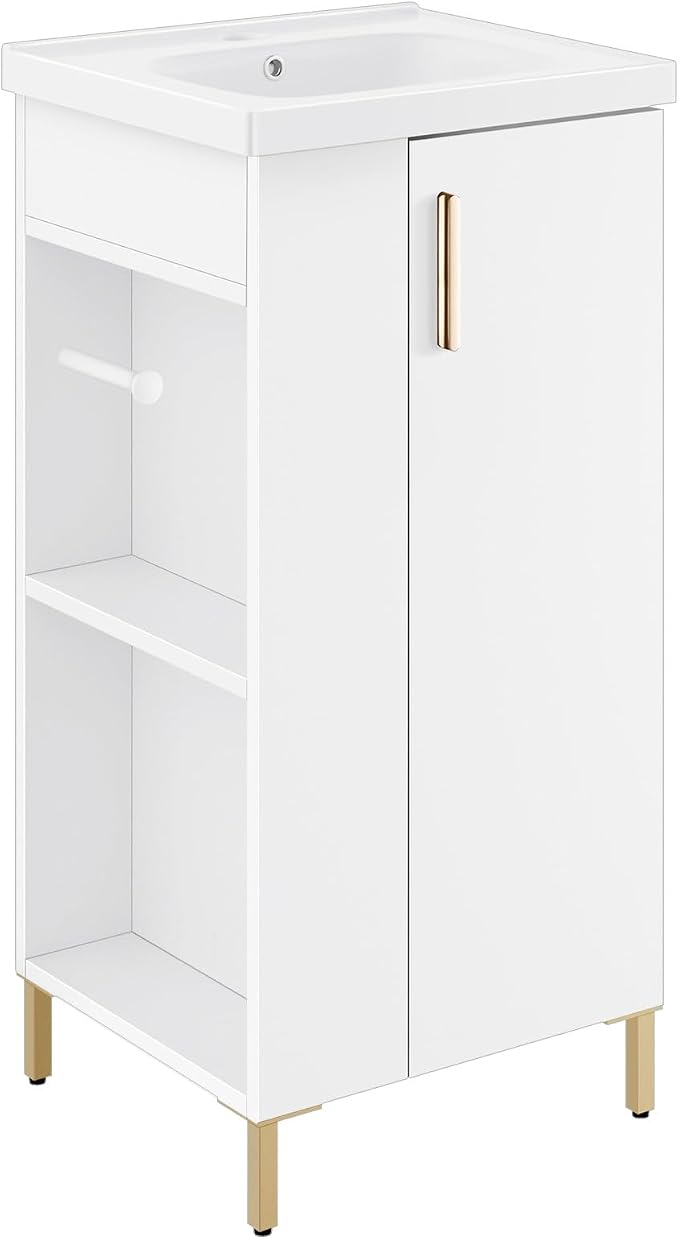 16 Inch White Pre-Assembled Bathroom Vanity Fit for Small Space, Bathroom Vanity with Ceramic Sink,Soft Close Door, Left Side Storage,Compact Modern Design,No Faucet,BV05-16-WHITE-PLUS-0128