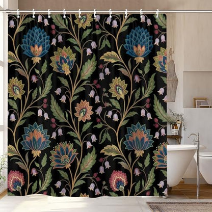 Vintage Floral Shower Curtain for Bathroom, Rustic Farmhouse Black and Teal Sage Green Boho Botanical Shower Curtains, Retro Cottagecore Wildflower Aesthetic Bath Curtain Set with Hooks， 60 x 72 Inch