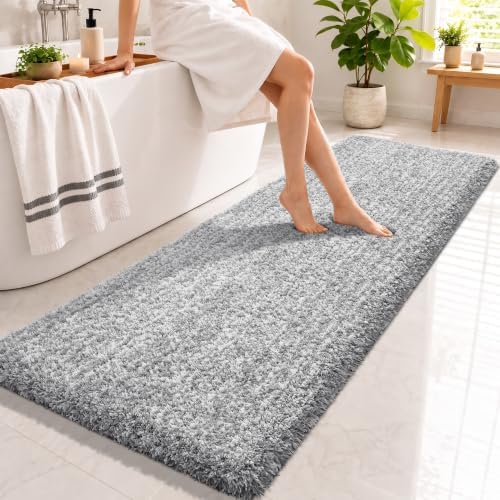 Bathroom Runner Rug Non Slip Washable 70x24,Extra Long Bath Mat,Gray&White