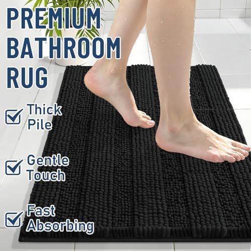 Grandaily Chenille Striped Bathroom Rugs 47x32, Extra Thick and Soft Absorbent Bath Mats, Rubber Backing, Plush Shaggy Shower Carpet, Machine Wash Dry, Bath Rug for Bathroom, Deep Black
