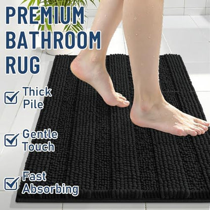 Grandaily Chenille Striped Bathroom Rugs 47x32, Extra Thick and Soft Absorbent Bath Mats, Rubber Backing, Plush Shaggy Shower Carpet, Machine Wash Dry, Bath Rug for Bathroom, Deep Black