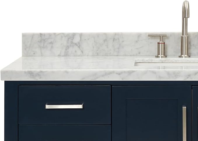 DKB Olivia 54-Inch Midnight Blue Bathroom Vanity with Sink, 1.5-Inch Italian Carrara Marble Countertop & Backsplash, Rectangular Sink, 2 Soft-Closing Doors, 6 Dovetail Drawers, Brushed Nickel