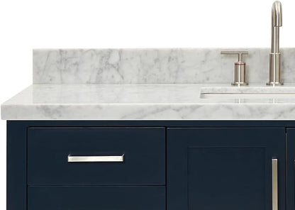 DKB Olivia 54-Inch Midnight Blue Bathroom Vanity with Sink, 1.5-Inch Italian Carrara Marble Countertop & Backsplash, Rectangular Sink, 2 Soft-Closing Doors, 6 Dovetail Drawers, Brushed Nickel