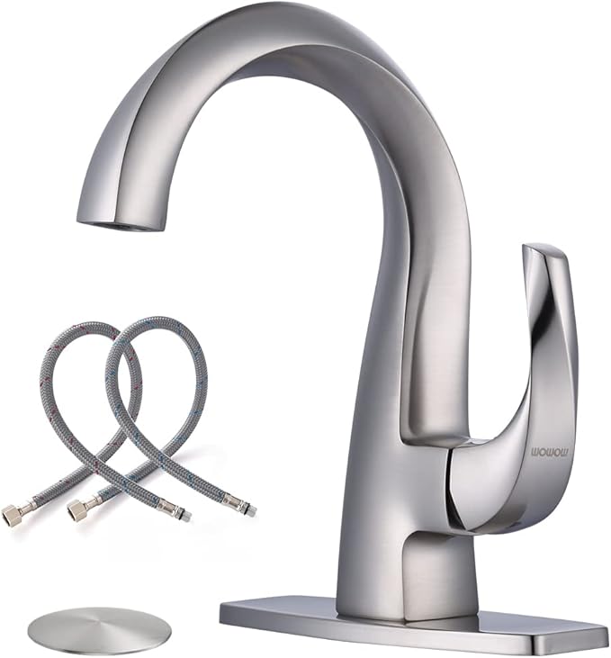 WOWOW Single Handle Bathroom Faucet, 1 Hole, High Arc, Brushed Nickel, Pop-up Drain, Solid Brass, Commercial Bathroom Sink Faucet, Basin Vanity Bar Faucet
